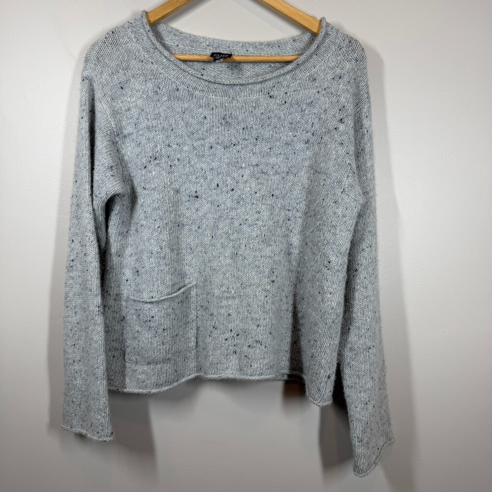 Eileen Fisher Merino Wool Angora Knit Sweater Pocket Blue Gray S Minimalist